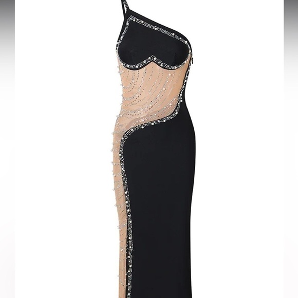 BLACK HEART SHAPED RHINESTONE PEARL NUDE MESH ONE SHOULDER FULL LENGTH GOWN XL - Picture 13 of 16